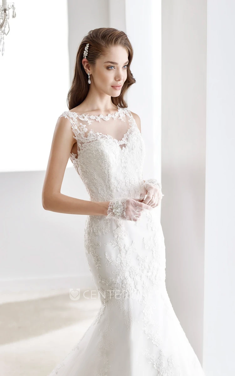Cap sleeve Brush-train Sheath Lace Wedding Gown with Illusive Neckline and Back