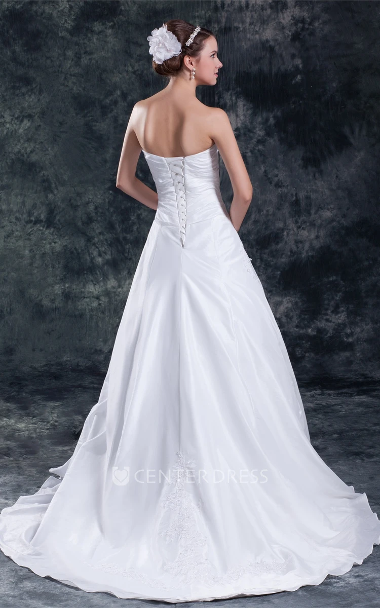 Strapless A-line Satin Wedding Dress with Corset Back and Appliques -  UCenter Dress