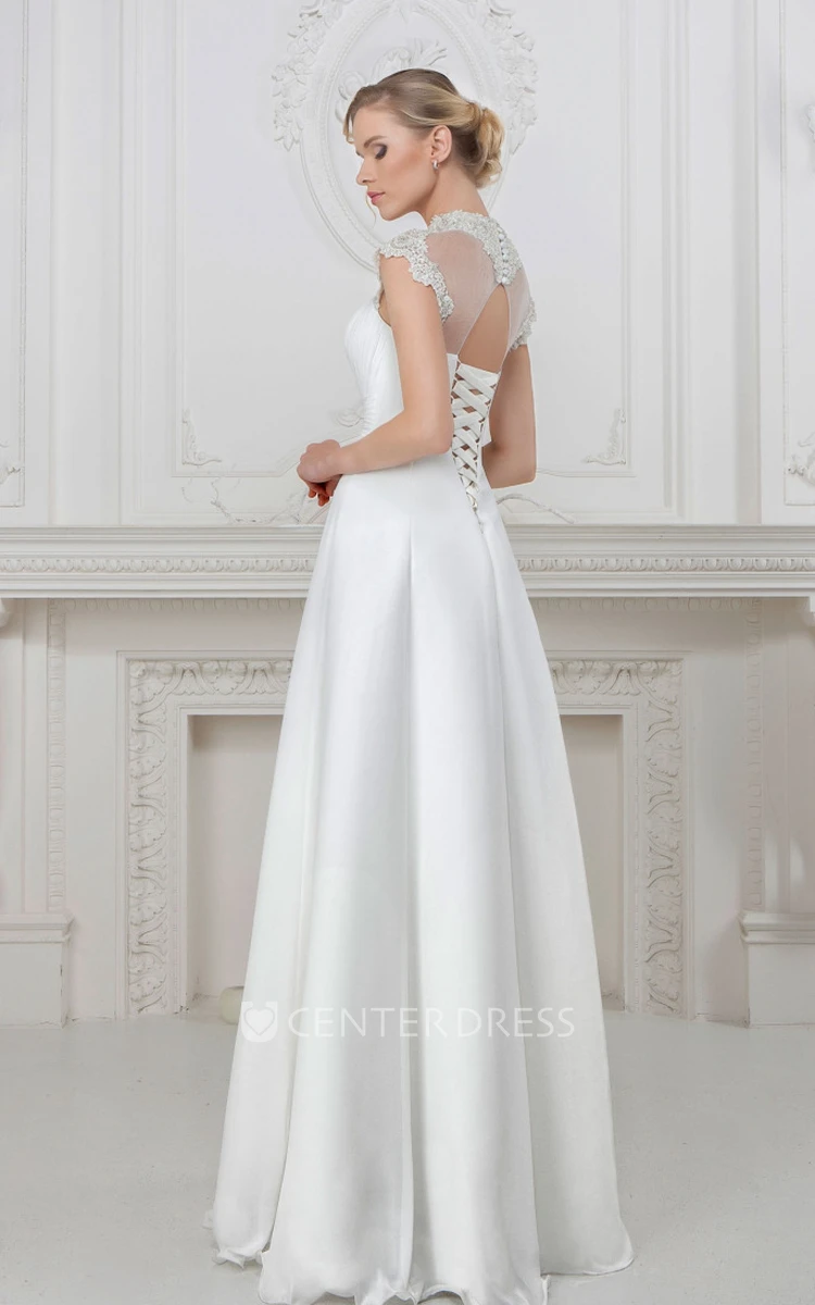 A-Line Floor-Length High-Neck Cap-Sleeve Satin Wedding Dress