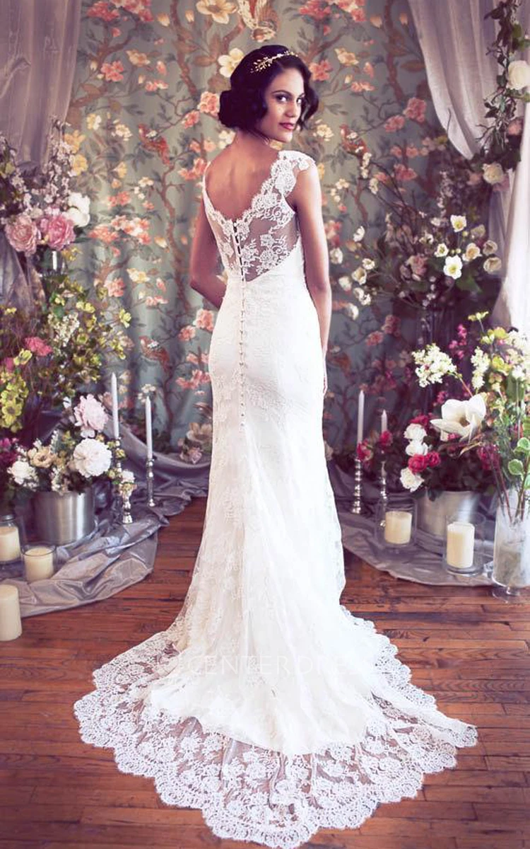 Long Cap Sleeves Mermaid Lace Wedding Gown With V-Neck