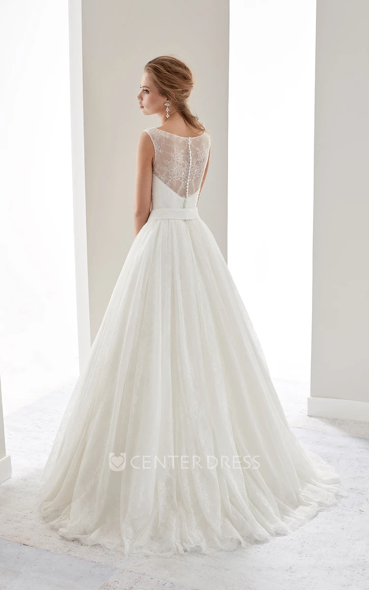 Cap sleeve Illusion Draping Gown with Flower Waist and Jewel Neck