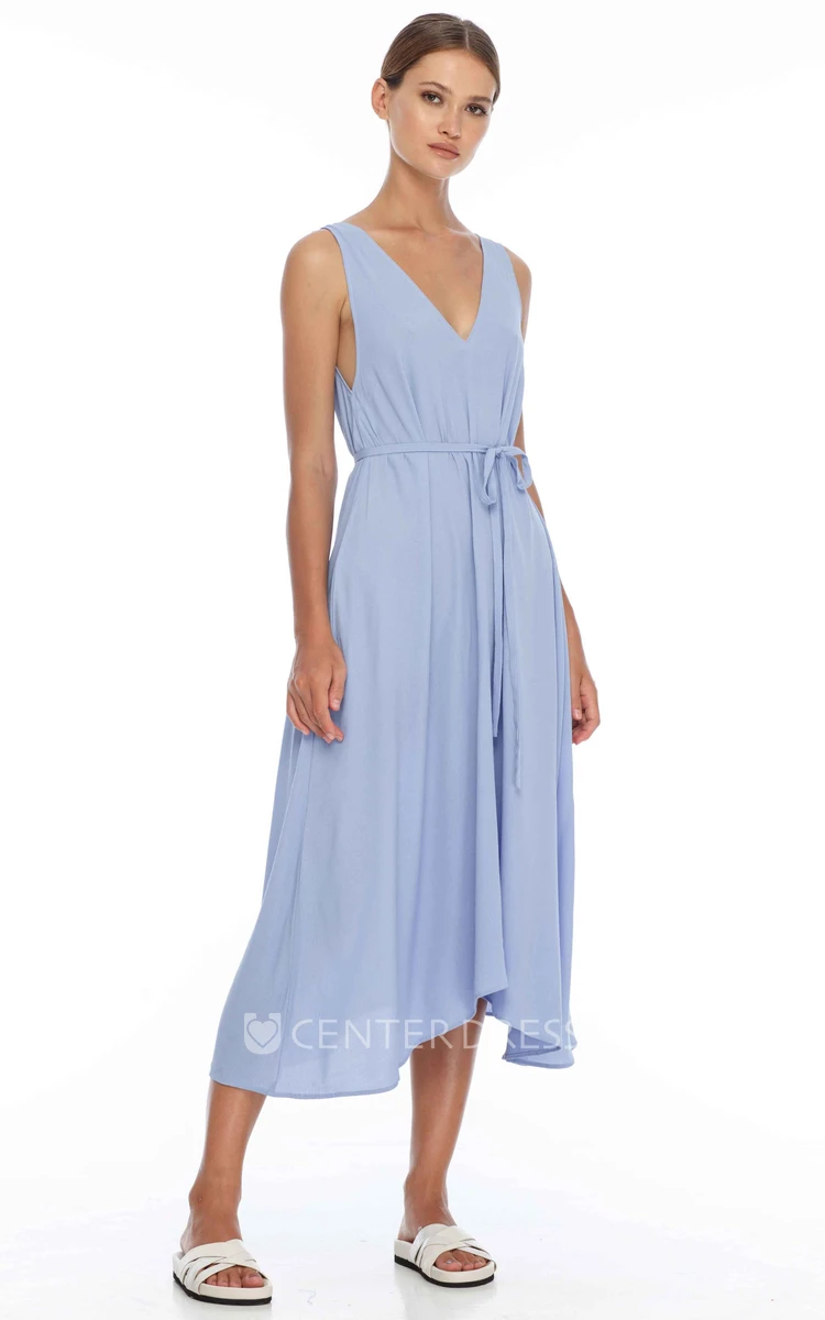 Casual Informal V-neck A-Line Charmeuse Bridesmaid Dress With Low-V Back And Sash