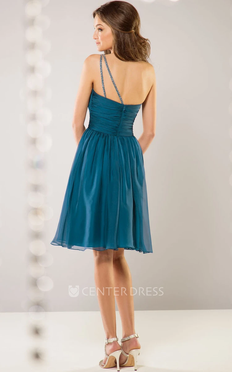 One-Shoulder Knee-Length Bridesmaid Dress With Beadings And Pleats