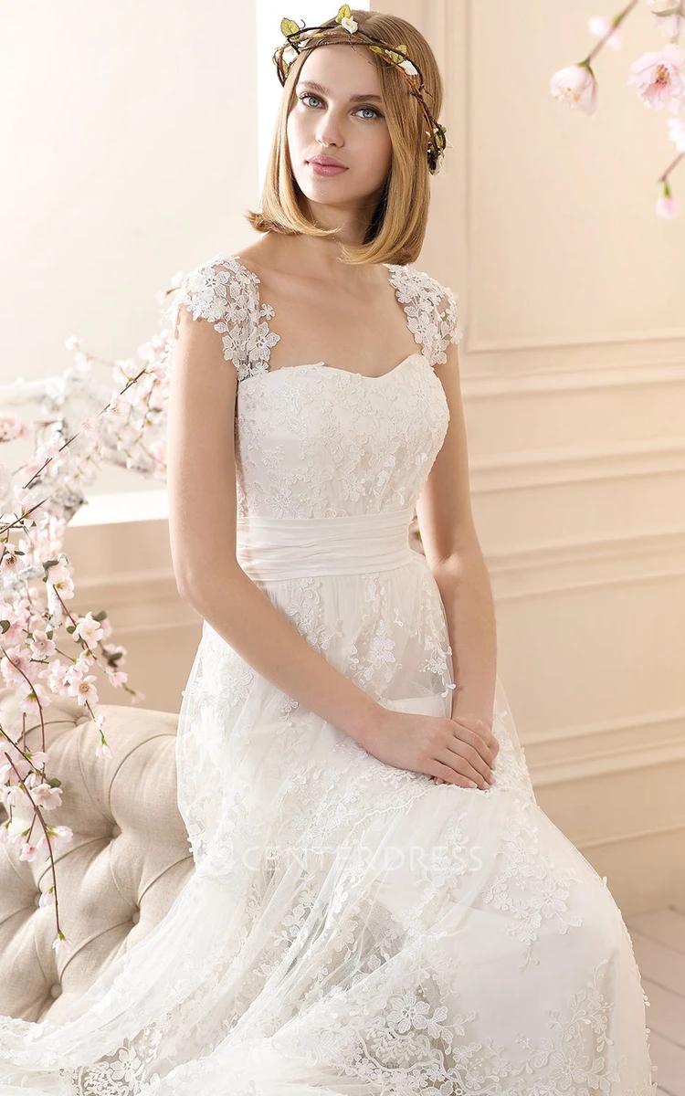 Sheath Long Cap-Sleeve Appliqued Lace Wedding Dress With Pleats