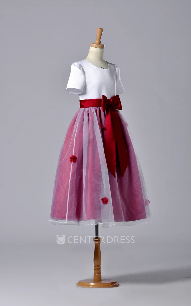 High Neck Short Sleeve  Pleated Organza Flower Girl Dress With Bowknot