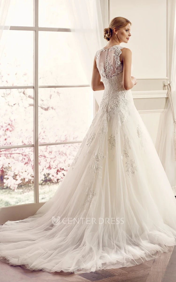 Ball-Gown Sleeveless Appliqued Maxi Jewel Lace&Tulle Wedding Dress With Illusion Back And Court Train