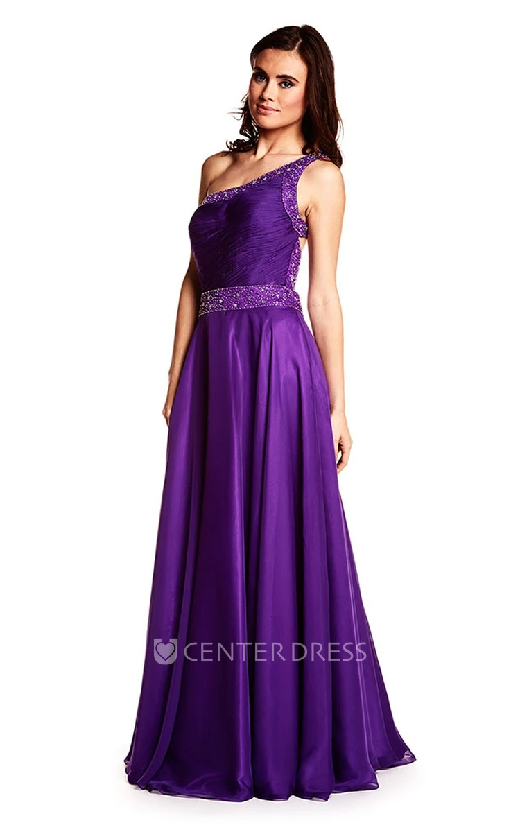 A-Line Ruched Sleeveless One-Shoulder Floor-Length Satin Prom Dress With Beading