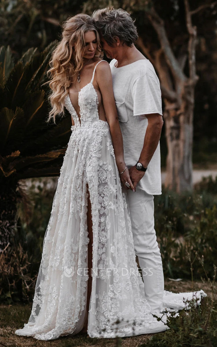 Lace A-Line Wedding Dress with Split Front Boho Country Garden Style