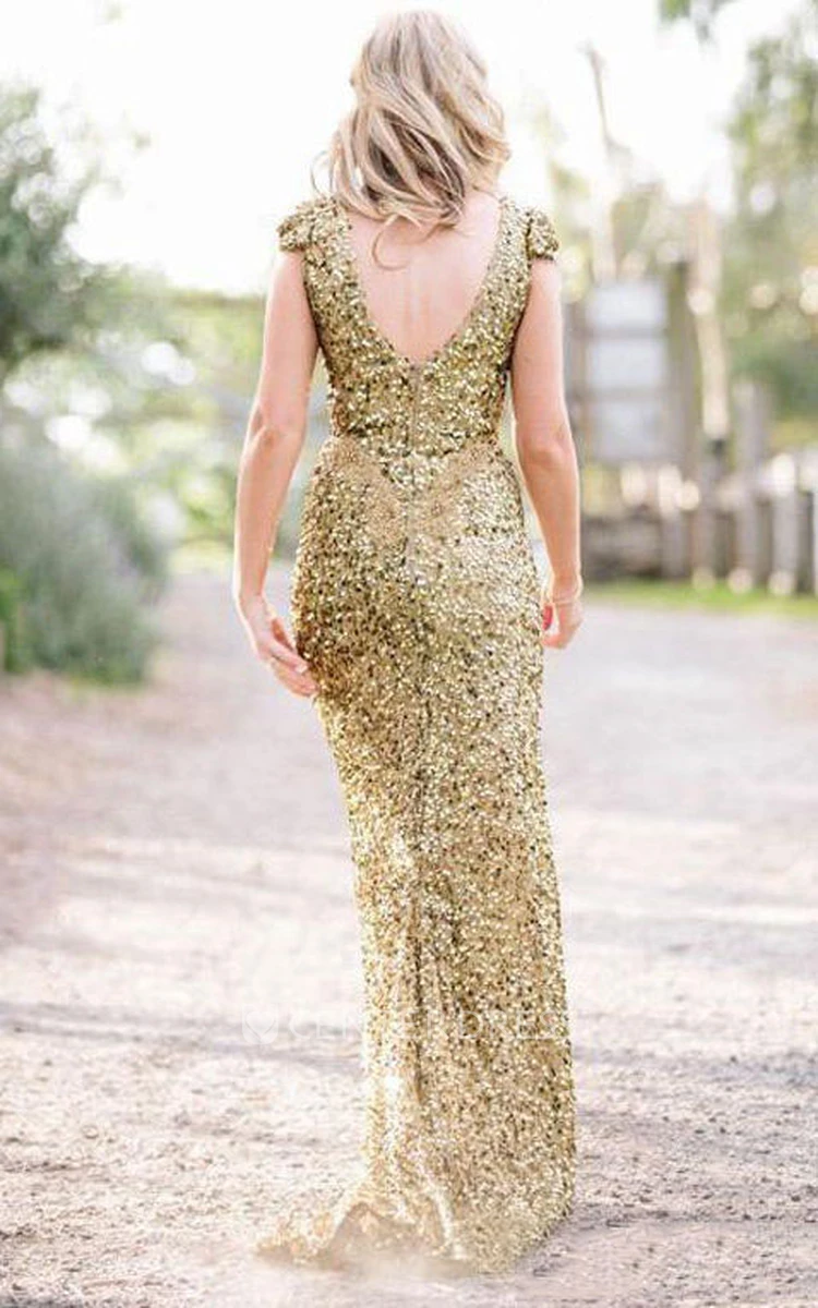 Sheath Floor-length Dress with Allover Sequins and V-neck