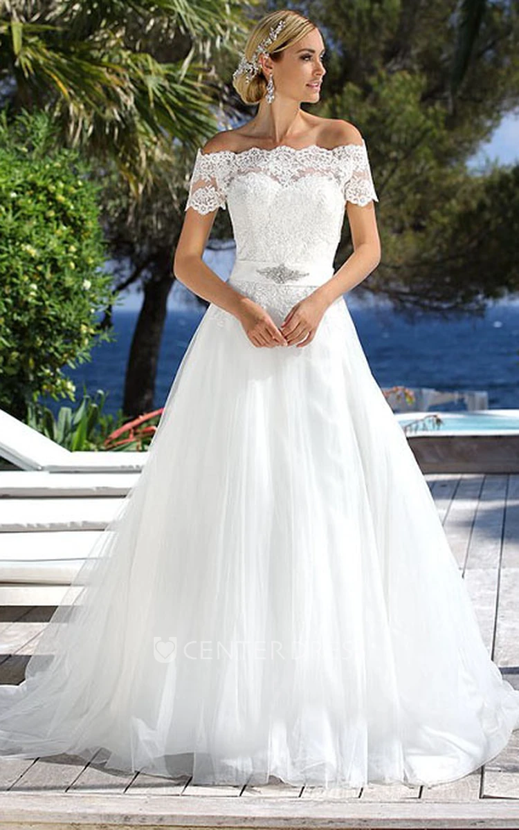Floor-Length Off-The-Shoulder Jeweled Tulle Wedding Dress With Appliques