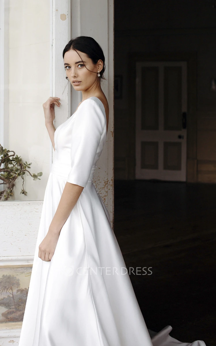 Plunging V-neck Sexy Elegant Satin Bridal Gown With 3/4 Sleeves And Court Train