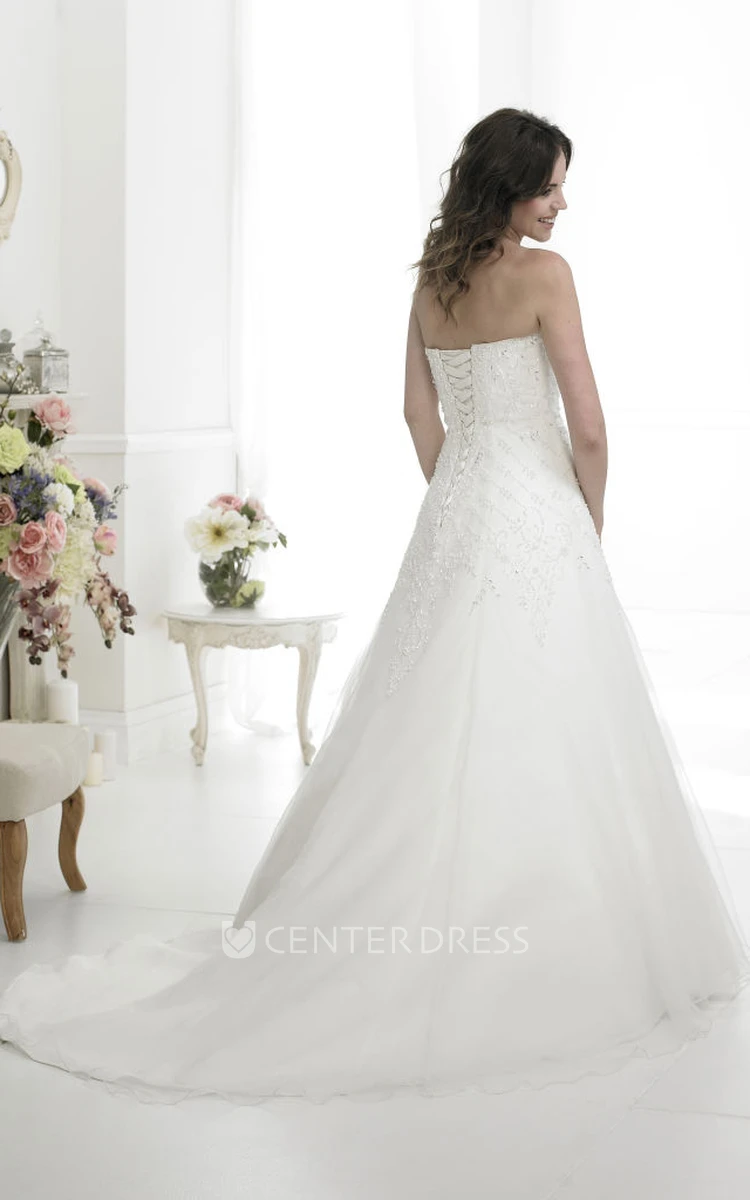 A-Line Maxi Sleeveless Appliqued Sweetheart Tulle Wedding Dress