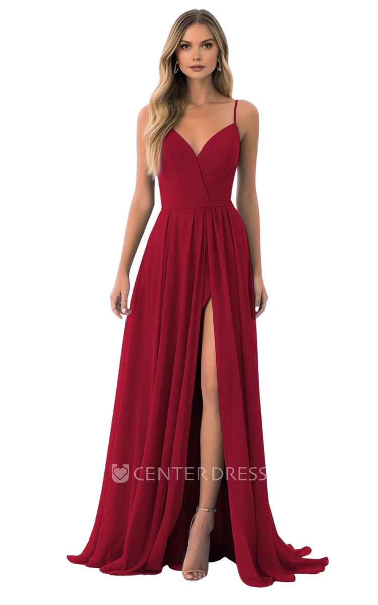 Spaghetti Chiffon Bridesmaid Dress with A-Line and Split Front Classy and Beautiful