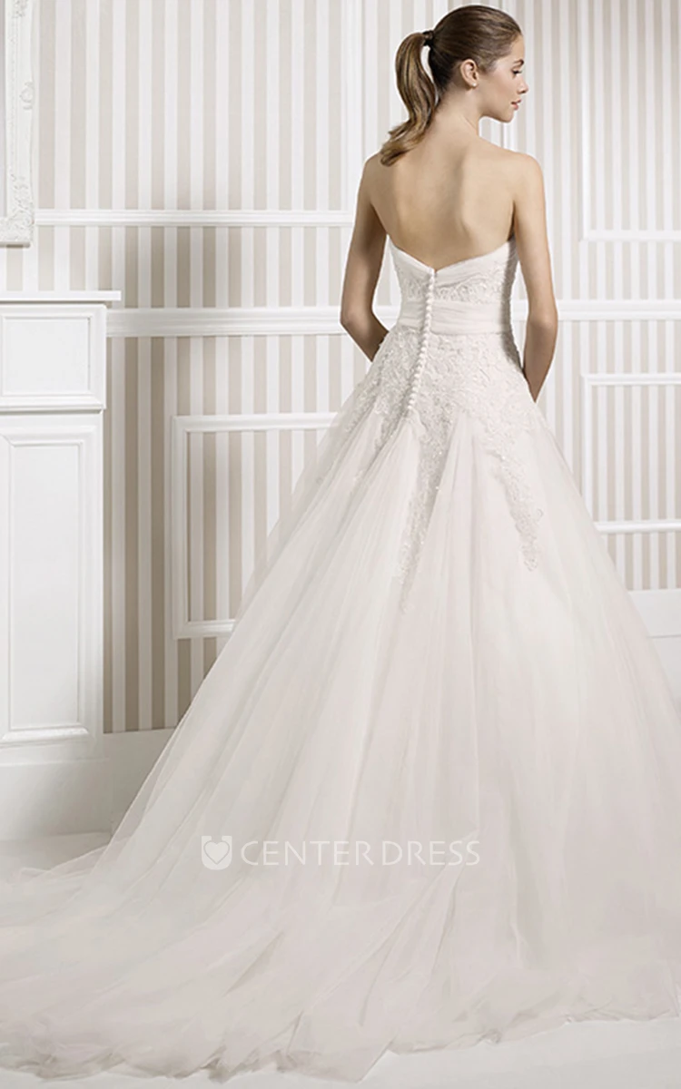 A-Line Jeweled Maxi Sweetheart Tulle Wedding Dress With Appliques And V Back