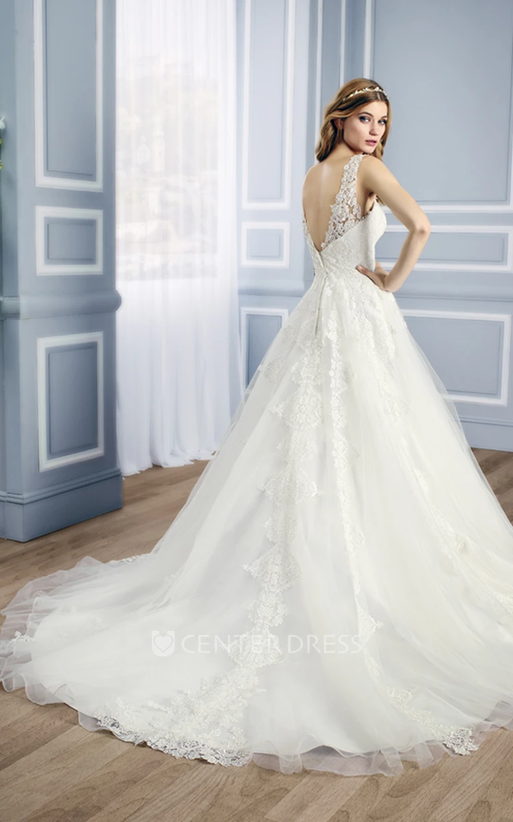 Ball-Gown Appliqued Sleeveless Scoop Long Tulle&Lace Wedding Dress With Waist Jewellery And Low-V Back