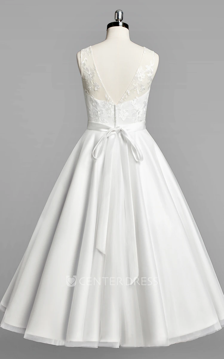 Scoop Neck Sleeveless A-Line Tulle Tea-Length Wedding Dress With Beaded Sash