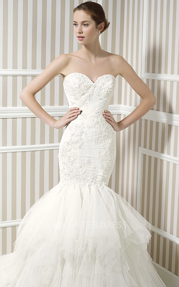 Trumpet Long Sweetheart Criss-Cross Sleeveless Tulle Wedding Dress With Cascading Ruffles And Appliques