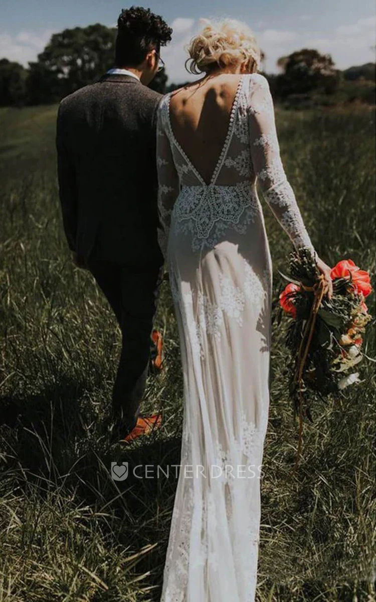 Retro Fall Sheath Bohemian Lace Long Sleeve Wedding Dress Casual Floral Country Bateau Neckline Backless Bridal Gown