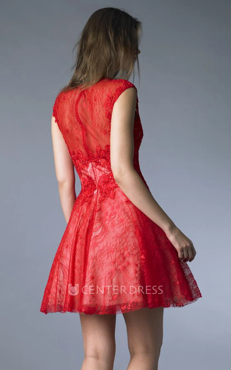 A Line Short Mini High Neck Short Sleeve Lace Illusion Dress