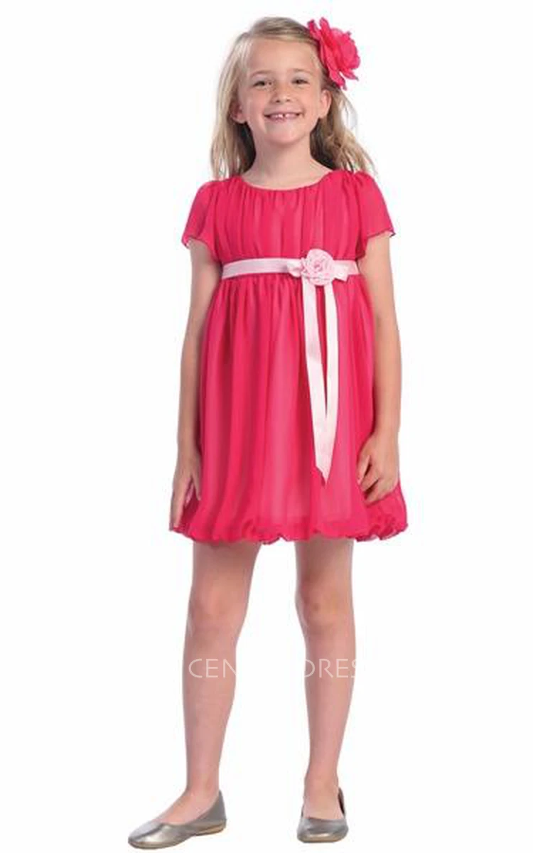 Short Cap-Sleeve Chiffon&Satin Flower Girl Dress