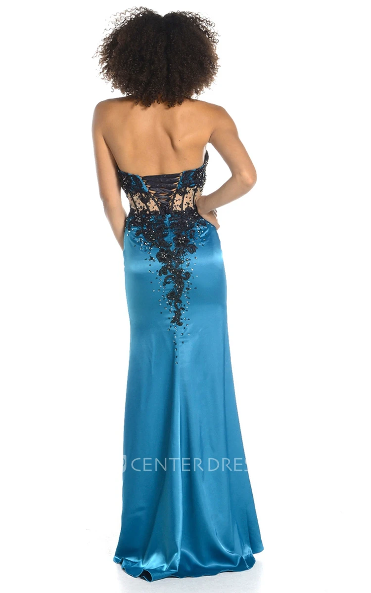 Sheath Split-Front Sleeveless Long Sweetheart Satin Prom Dress With Corset Back And Appliques