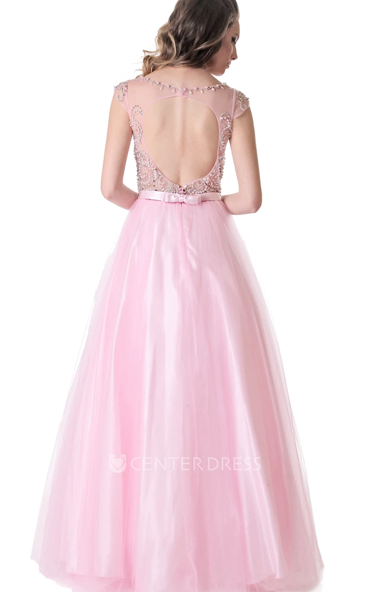 A-Line Scoop-Neck Beaded Cap-Sleeve Long Tulle&Satin Prom Dress With Ribbon