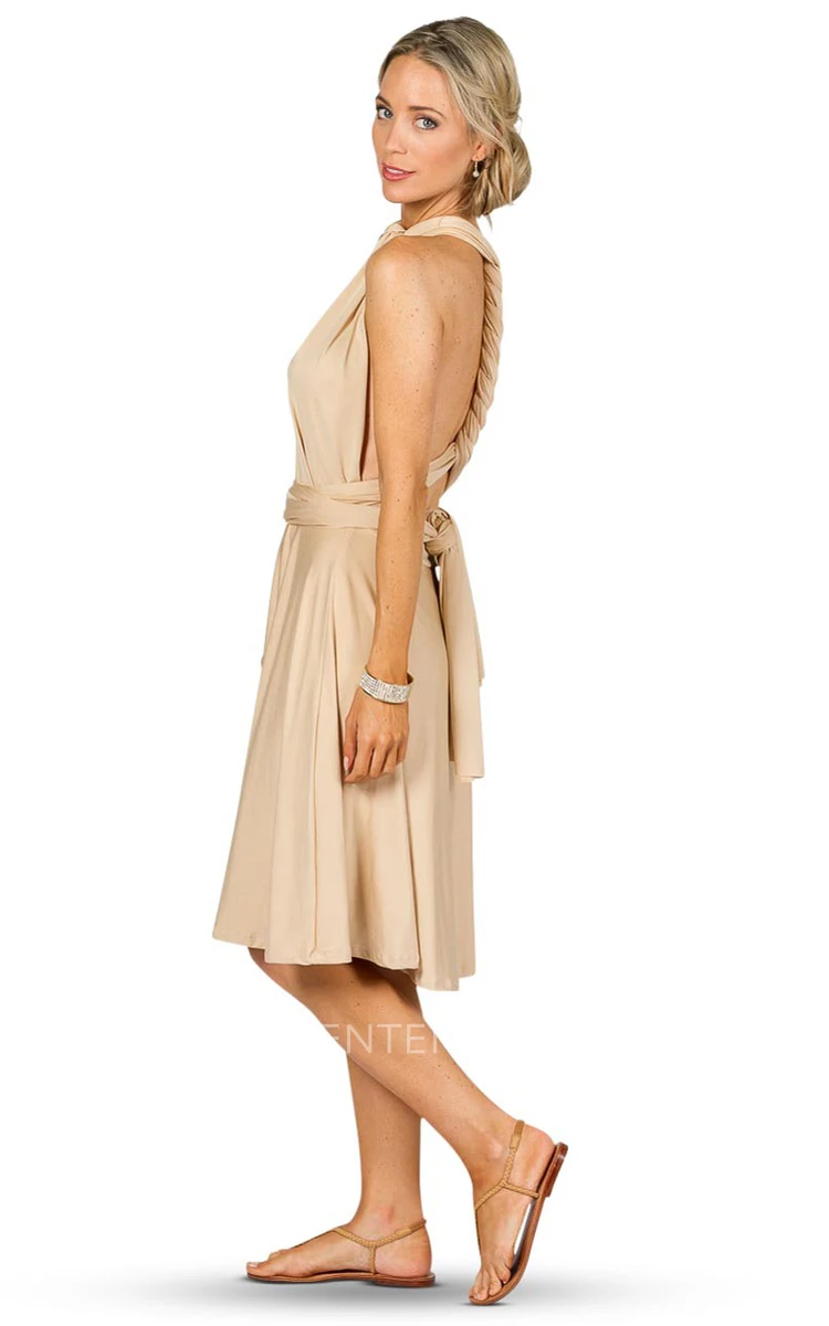 Knee-Length Sleeveless Ruched One-Shoulder Chiffon Convertible Bridesmaid Dress With Straps