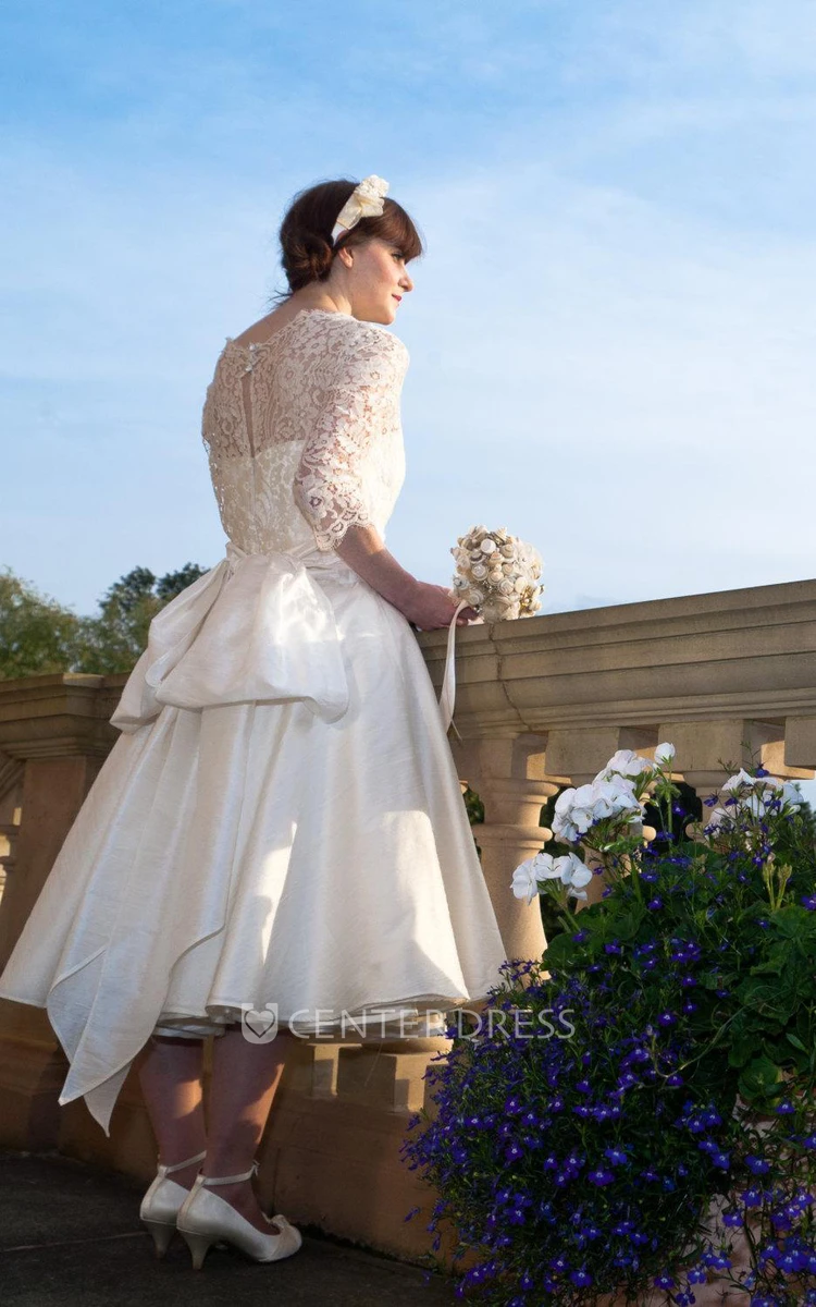 1950S High Neck Long Sleeve Pleated A-Line Tea Length Taffeta Wedding Dress