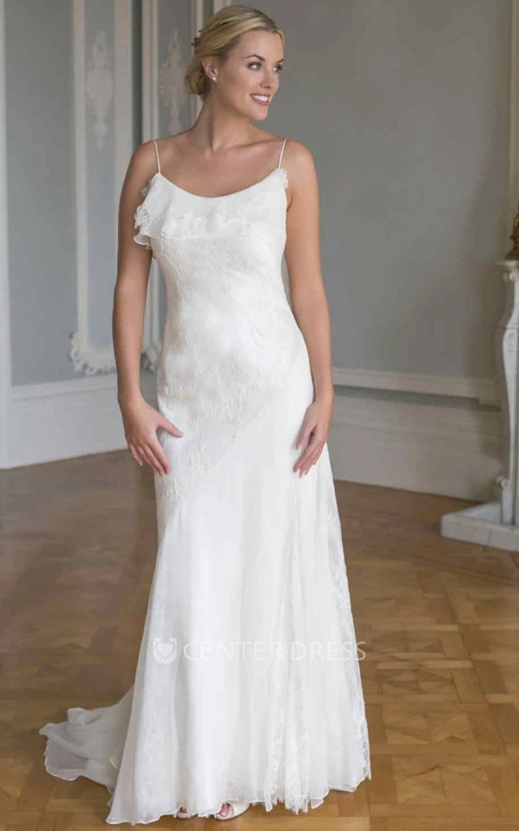 Floor-Length Appliqued Sleeveless Spaghetti Lace Wedding Dress With Draping