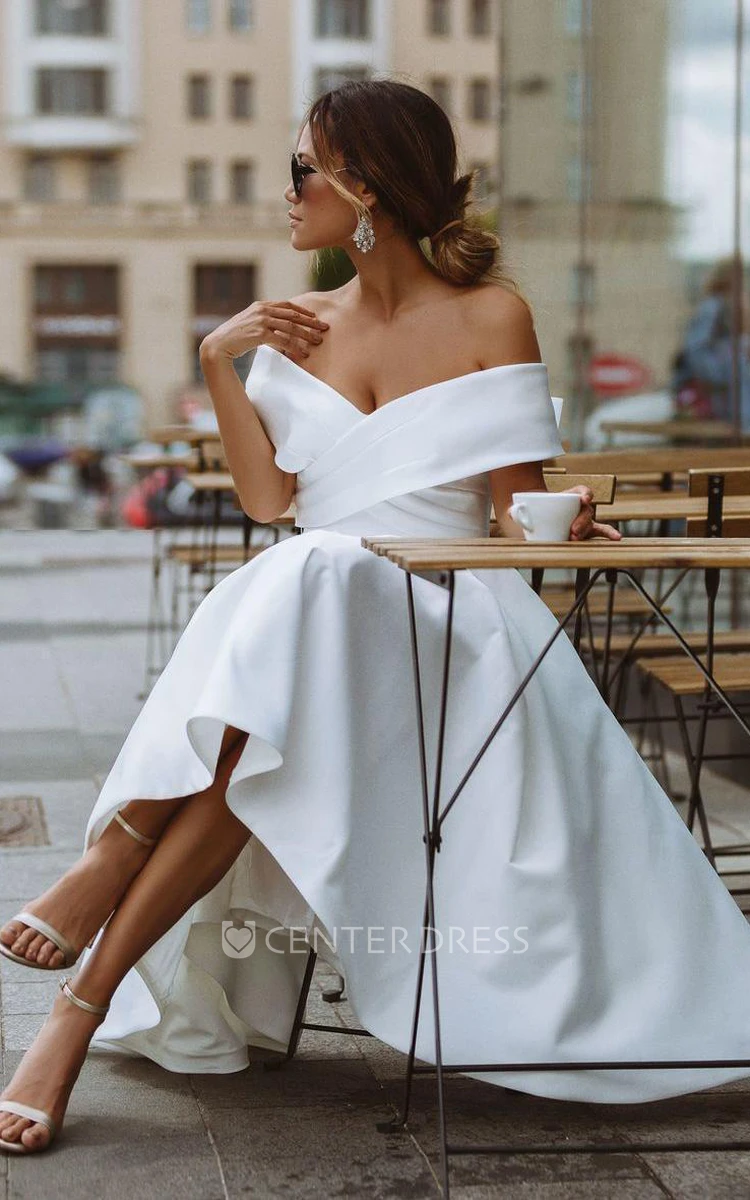 Modern Off-the-shoulder A Line Tea-length Satin Sleeveless Wedding Dress with Ruching and Criss Cross