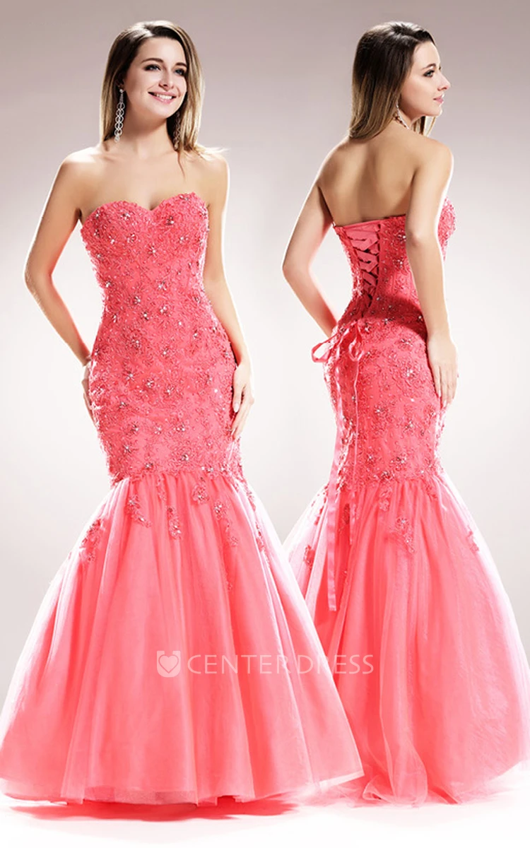 Mermaid Long Sweetheart Satin Lace Lace-Up Dress With Appliques And Beading
