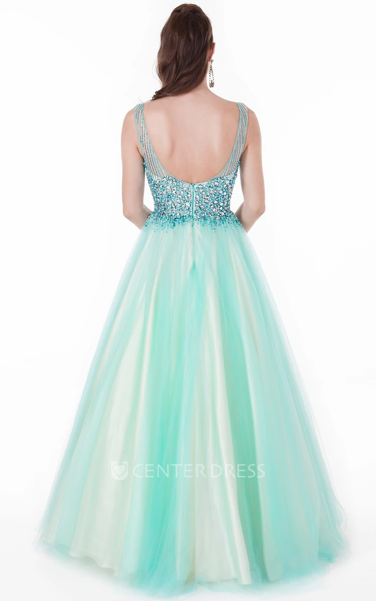 A-Line Floor-Length Beaded Jewel-Neck Sleeveless Tulle&Satin Prom Dress