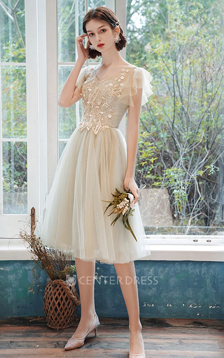 Casual Tulle Bateau Halter Off-the-shoulder A Line Cocktail Homecoming Dress With Appliques