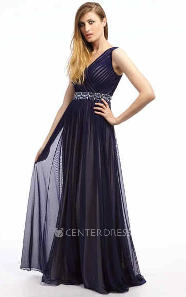 Long Jeweled Sleeveless V-Neck Tulle Prom Dress With Ruching