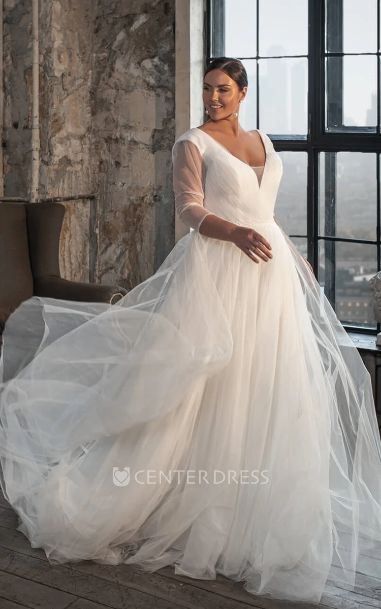 Romantic A Line Tulle V-neck Court Train Wedding Dress with Ruching