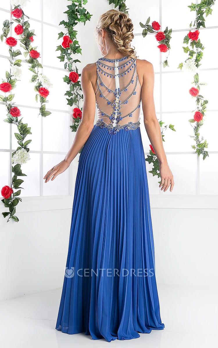 A-Line Scoop-Neck Sleeveless Chiffon Illusion Dress With Pleats And Beading