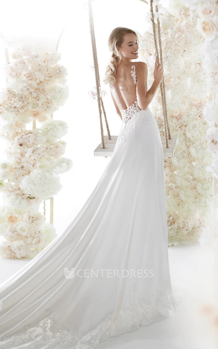 Backless Sexy Plunging V-neck Bridal Gown With Lace Appliques And Chapel Train
