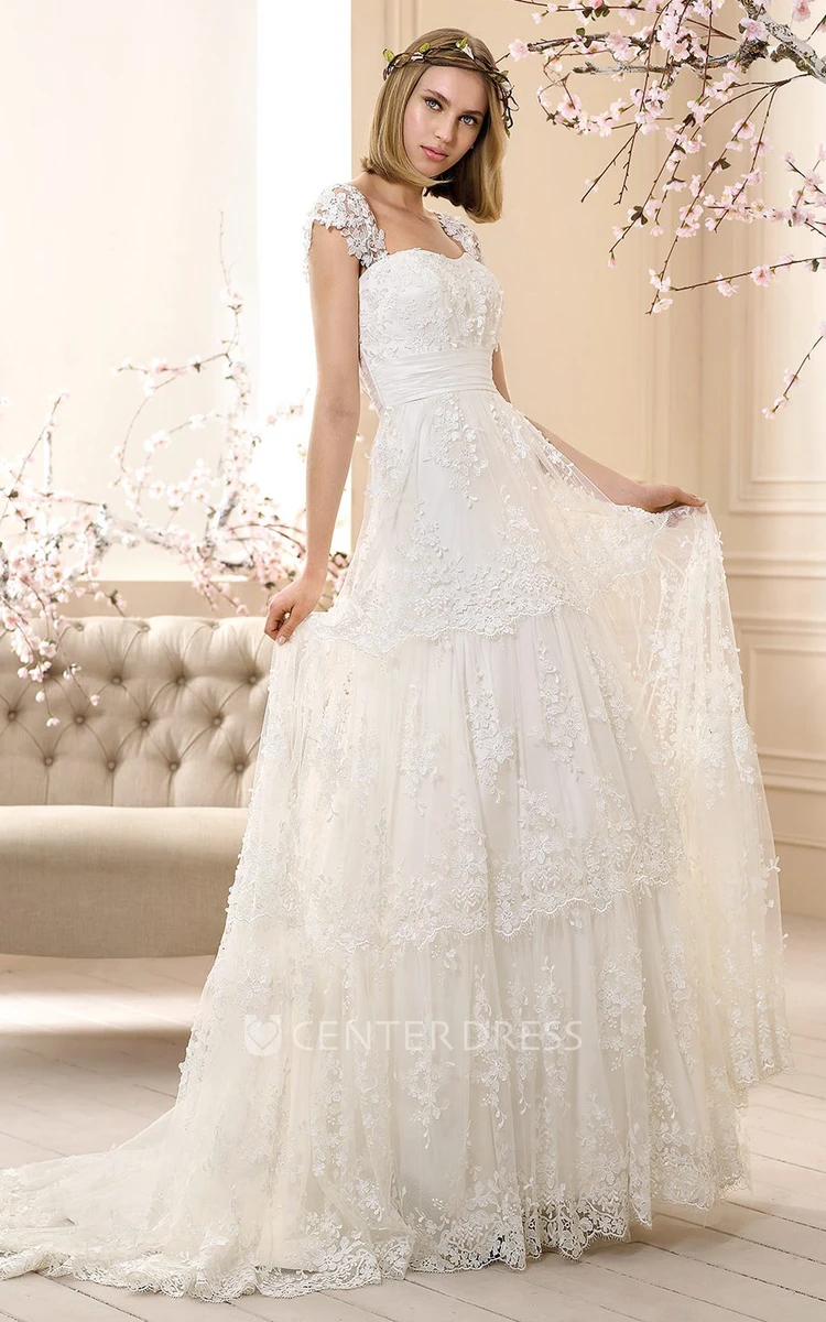 Sheath Long Cap-Sleeve Appliqued Lace Wedding Dress With Pleats