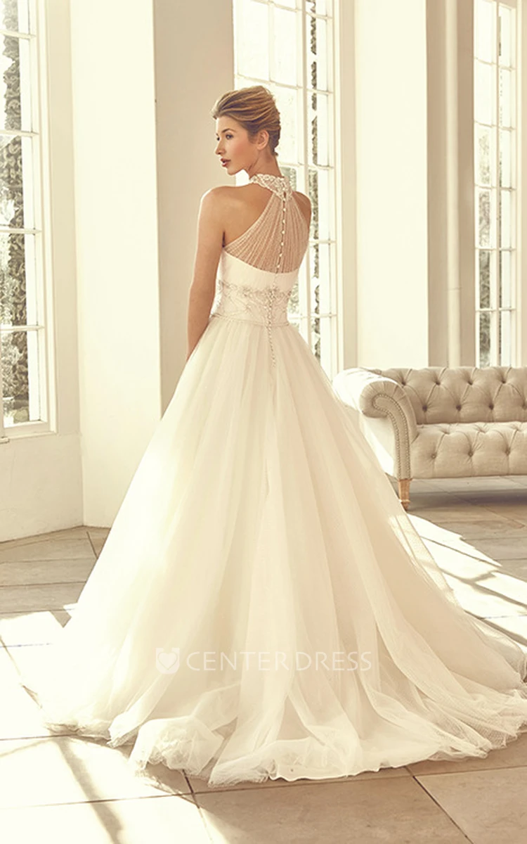 Long High Neck Beaded Tulle Wedding Dress With Court Train And Straps