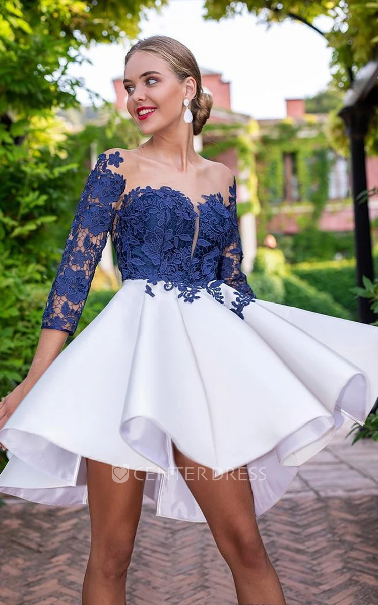 Modern A Line Satin Lace V-neck 3/4 Length Sleeve with Flowers Homecoming Dress