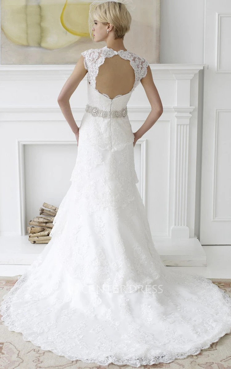 Long Sweetheart Tiered Cap-Sleeve Lace Wedding Dress With Court Train And Keyhole