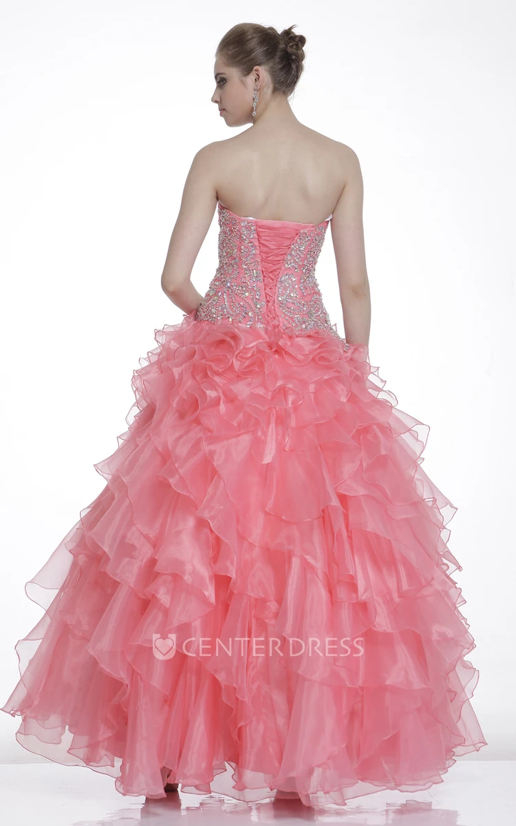 Ball Gown Ankle-Length Sweetheart Organza Lace-Up Dress With Ruffles And Beading