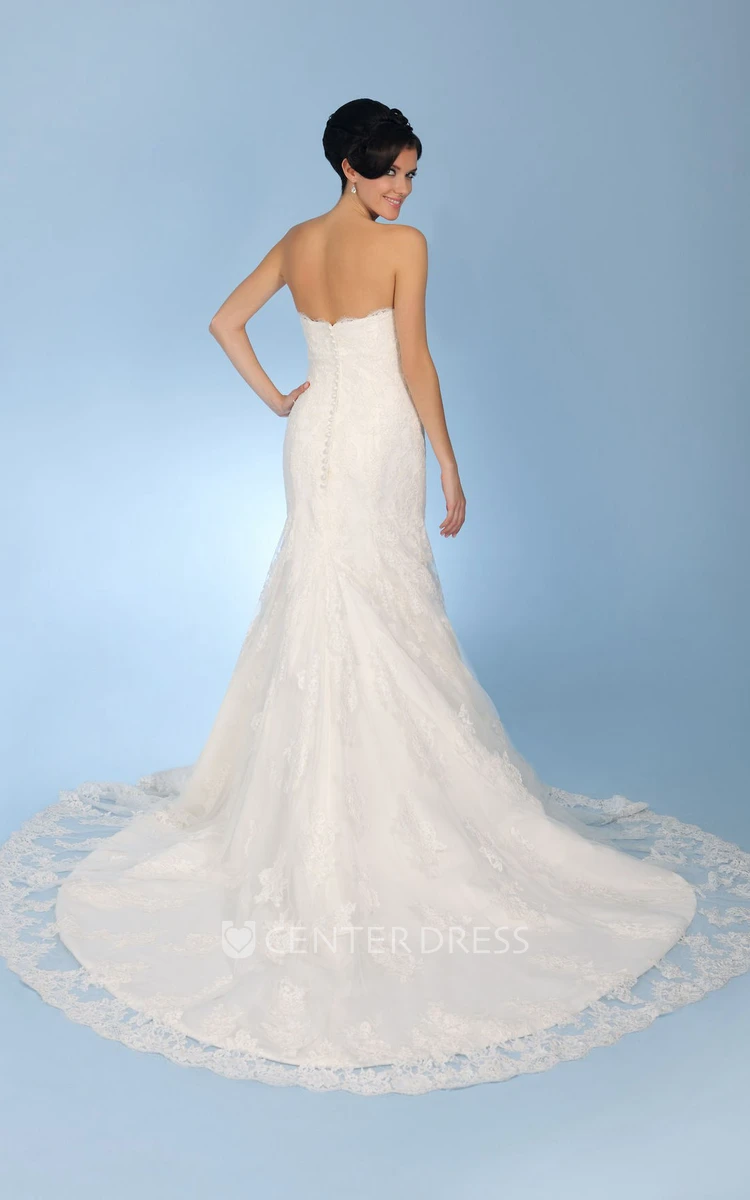 Trumpet Strapless Appliqued Floor-Length Sleeveless Lace Wedding Dress With Backless Style And Pleats