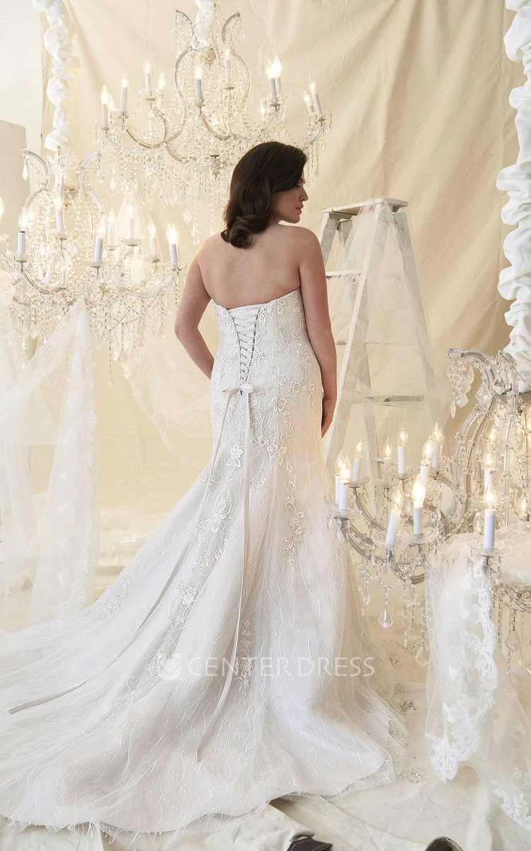 Sheath Beaded Long Sleeveless Sweetheart Tulle Plus Size Wedding Dress With Embroidery