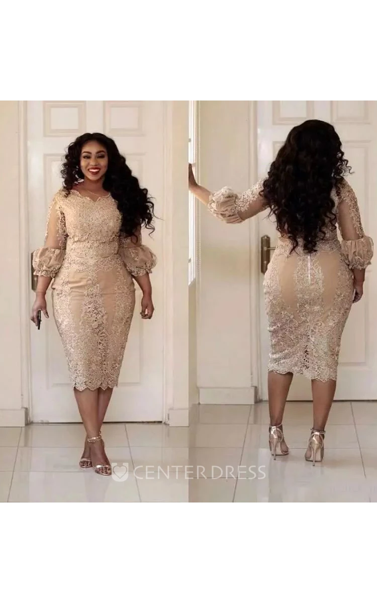 Sexy Plus Size Scalloped Lace Vintage Bodycon Knee-length 3-4 Length Sleeve Puff Balloon Dress