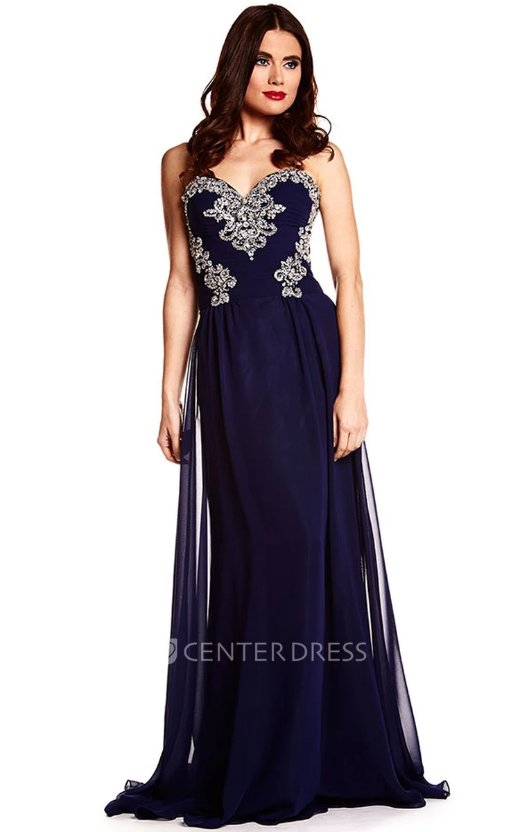 A-Line Sweetheart Sleeveless Maxi Beaded Chiffon Prom Dress With Lace-Up Back And Sweep Train