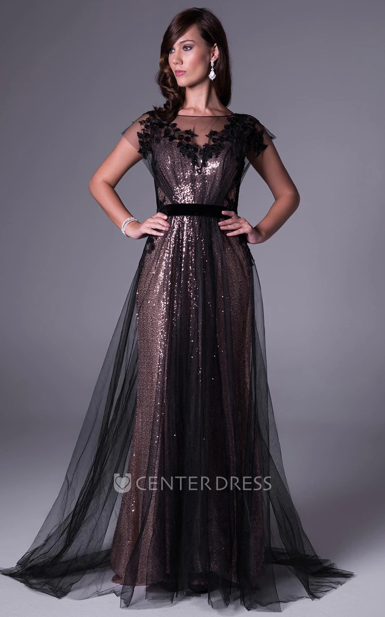 Maxi Bateau Short-Sleeve Appliqued Sequins Prom Dress With Sweep Train And V Back