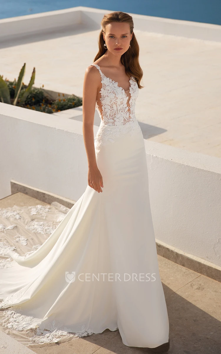 Sheath V-neck Lace Zipper Wedding Dress - UCenter Dress