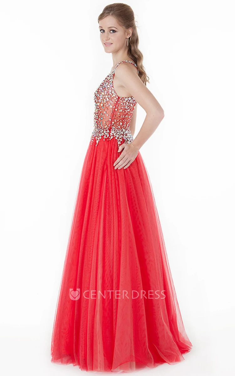 A-Line Crystal Sleeveless V-Neck Floor-Length Tulle Prom Dress With Pleats