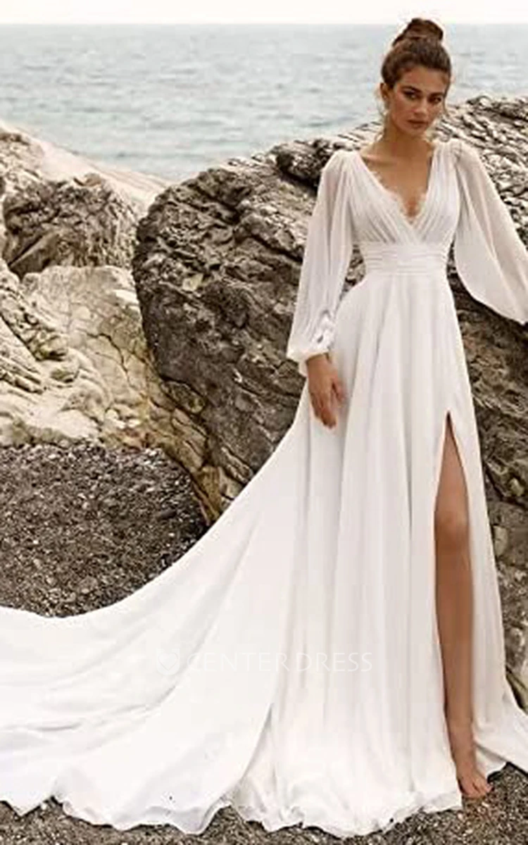 Bohemian Beach A-Line Chiffon Wedding Dress with V-neck and Poet Sleeves